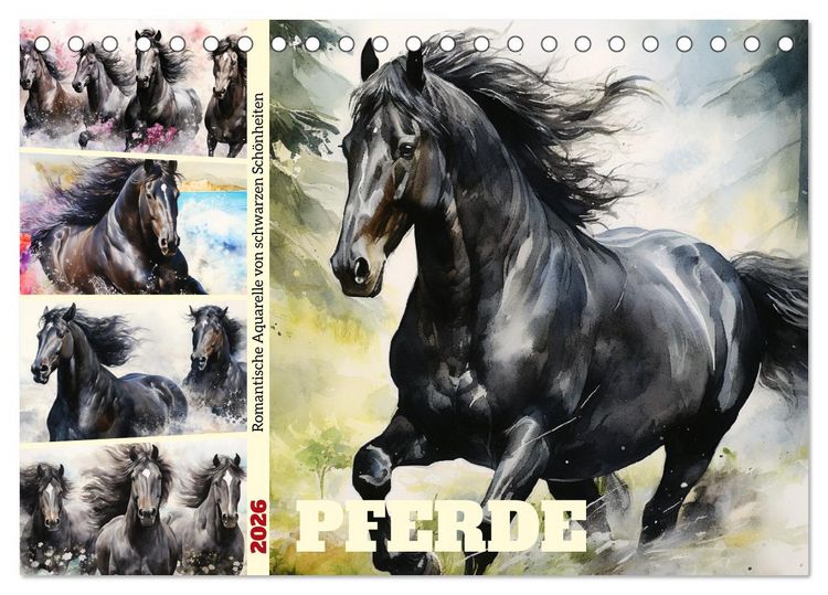 Produktbild: Pferde. Romantische Aquarelle von schwarzen Sch&ouml;nheiten (Tischkalender 2026 DIN A5 quer), CALVENDO Monatskalender