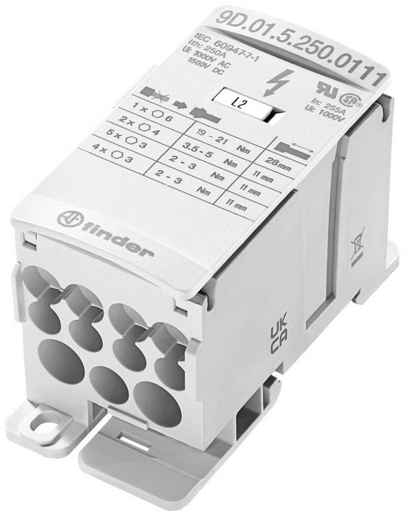 Produktbild: Finder 9D.01.5.250.0111 Verteiler Wei&szlig; 12polig 35 mm&sup2; 250 A 1000 V/AC, 1500 V/DC Leiter-Typ = L, N, PE