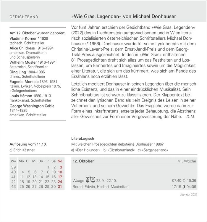 Produktbild: Literatur Tagesabrei&szlig;kalender 2027 - Kulturkalender - Autoren, Werke, H&ouml;rb&uuml;cher