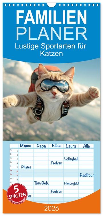 Produktbild: Familienplaner 2026 - Lustige Sportarten f&uuml;r Katzen mit 5 Spalten (Wandkalender, 21 x 45 cm) CALVENDO