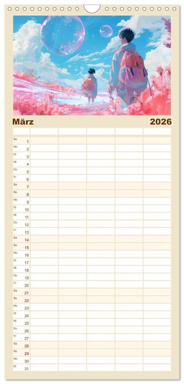 Produktbild: Familienplaner 2026 - Figuren in einer bunten Welt - Im Anime-Stil mit 5 Spalten (Wandkalender, 21 x 45 cm) CALVENDO