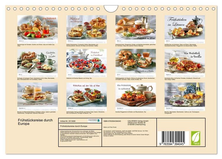 Produktbild: Fr&uuml;hst&uuml;cksreise durch Europa (Wandkalender 2027 DIN A4 quer), CALVENDO Monatskalender