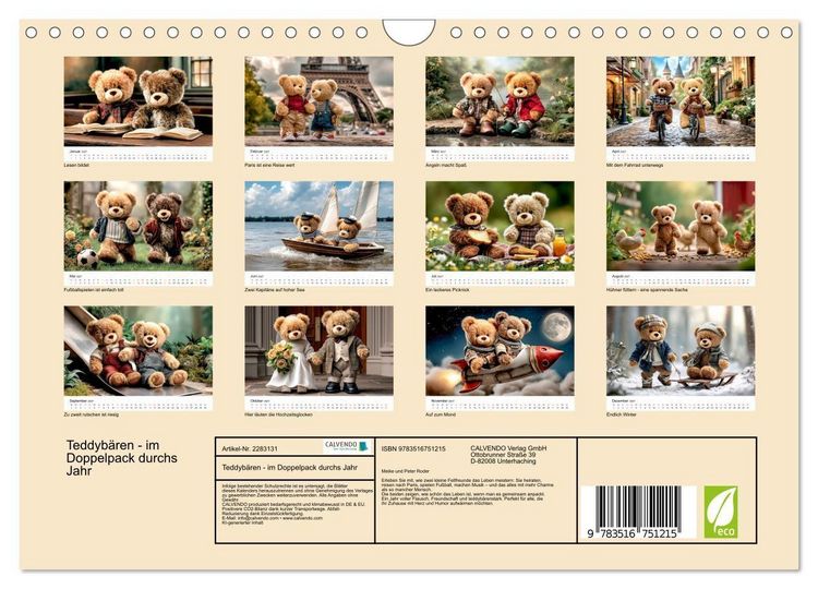 Produktbild: Teddyb&auml;ren - im Doppelpack durchs Jahr (Wandkalender 2027 DIN A4 quer), CALVENDO Monatskalender
