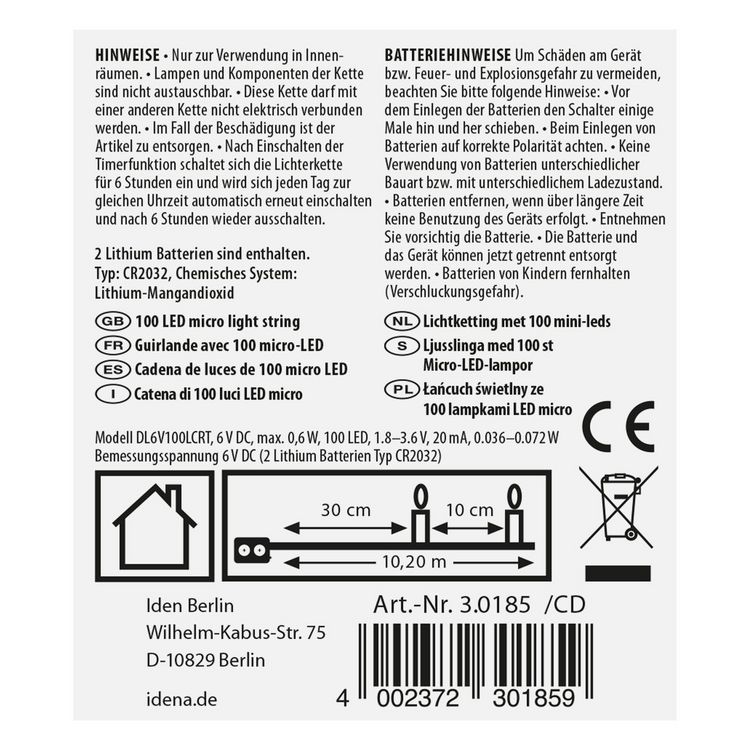 Produktbild: Idena Lichterkette 100 Micro LED warmwei&szlig; 6h Timer 10,2m
