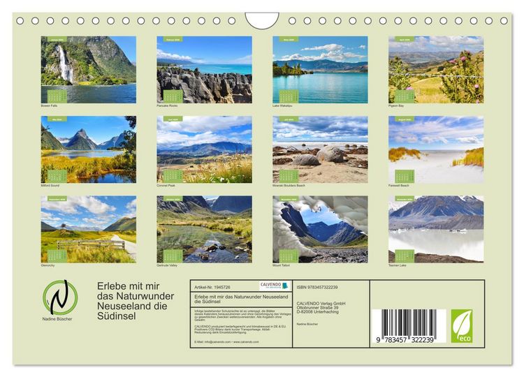 Produktbild: Erlebe mit mir das Naturwunder Neuseeland die S&uuml;dinsel (Wandkalender 2026 DIN A4 quer), CALVENDO Monatskalender