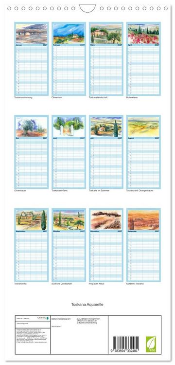 Produktbild: Familienplaner 2027 - Toskana Aquarelle mit 5 Spalten (Wandkalender, 21 x 45 cm) CALVENDO