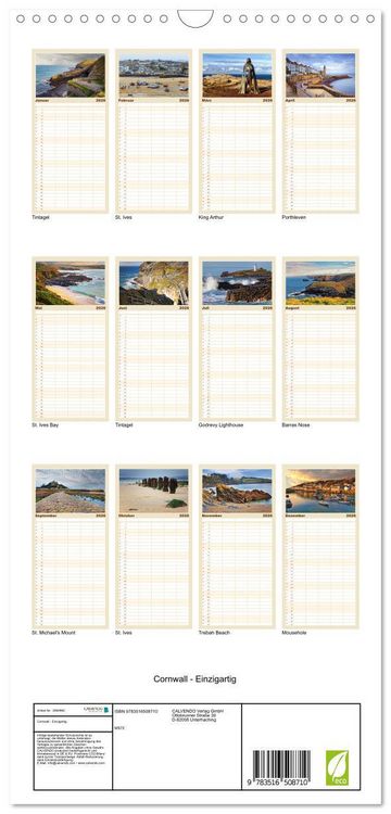 Produktbild: Familienplaner 2026 - Cornwall - Einzigartig mit 5 Spalten (Wandkalender, 21 x 45 cm) CALVENDO