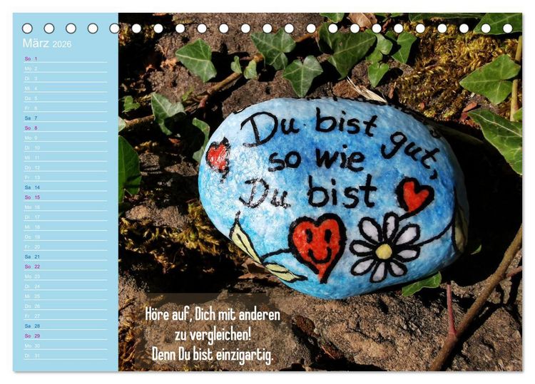 Produktbild: Achtsamkeitssteine - Inspirationen & Mutmacher-Spr&uuml;che f&uuml;r Dich (Tischkalender 2026 DIN A5 quer), CALVENDO Monatskalender