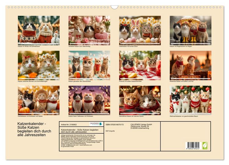 Produktbild: Katzenkalender - S&uuml;&szlig;e Katzen begleiten dich durch alle Jahreszeiten (Wandkalender 2026 DIN A2 quer), CALVENDO Monatskalender