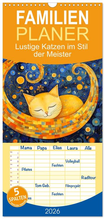 Produktbild: Familienplaner 2026 - Lustige Katzen im Stil der Meister mit 5 Spalten (Wandkalender, 21 x 45 cm) CALVENDO