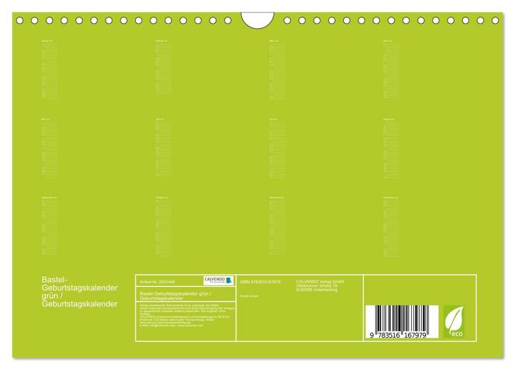 Produktbild: Bastel-Geburtstagskalender gr&uuml;n / Geburtstagskalender (Wandkalender 2026 DIN A4 quer), CALVENDO Monatskalender