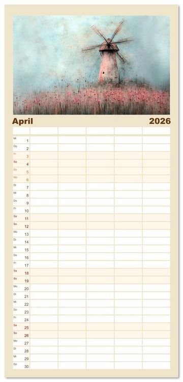 Produktbild: Familienplaner 2026 - Windgefl&uuml;ster-M&uuml;hlenimpressionen mit 5 Spalten (Wandkalender, 21 x 45 cm) CALVENDO
