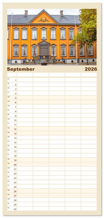 Produktbild: Familienplaner 2026 - Norwegens K&uuml;stenst&auml;dte mit 5 Spalten (Wandkalender, 21 x 45 cm) CALVENDO
