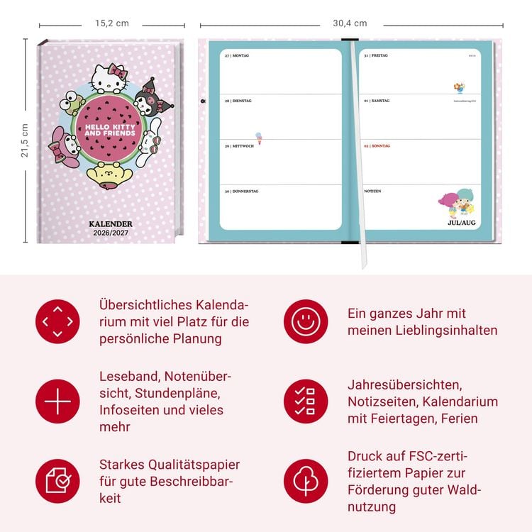 Produktbild: Hello Kitty 17-Monats-Kalenderbuch A5 2027 - 17 Monate. Von August 2026 bis Dezember 2027