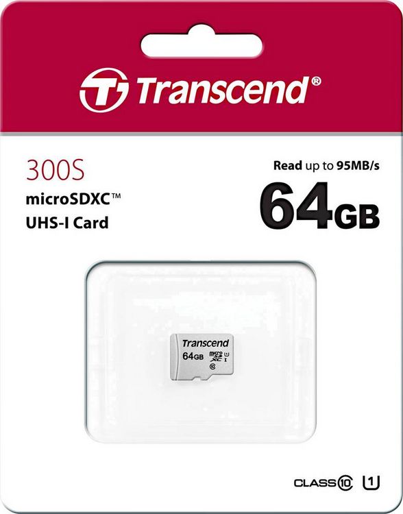 Produktbild: Transcend Premium 300S microSDXC-Karte 64 GB Class 10, UHS-I, UHS-Class 1