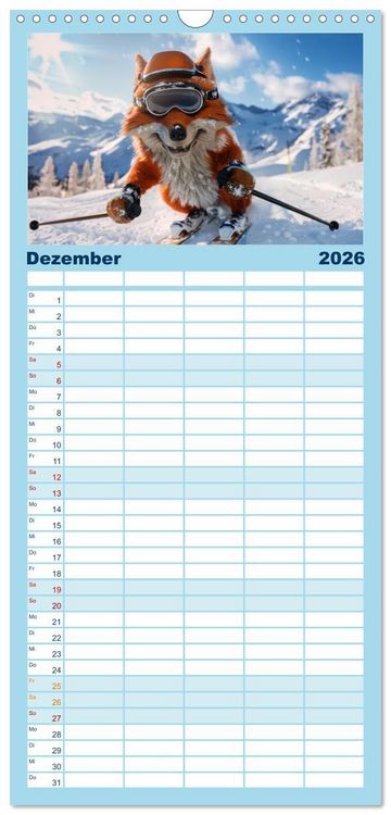 Produktbild: Familienplaner 2026 - Tierisch lustige Skifahrer mit 5 Spalten (Wandkalender, 21 x 45 cm) CALVENDO