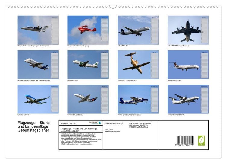 Produktbild: Flugzeuge &ndash; Starts und Landeanfl&uuml;ge Geburtstagsplaner (hochwertiger Premium Wandkalender 2026 DIN A2 quer), Kunstdruck in Hochglanz