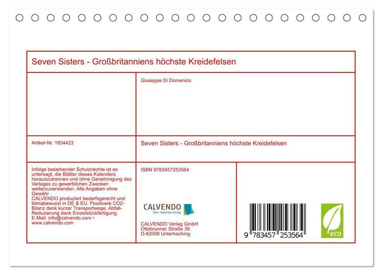 Produktbild: Seven Sisters - Gro&szlig;britanniens h&ouml;chste Kreidefelsen (Tischkalender 2026 DIN A5 quer), CALVENDO Monatskalender