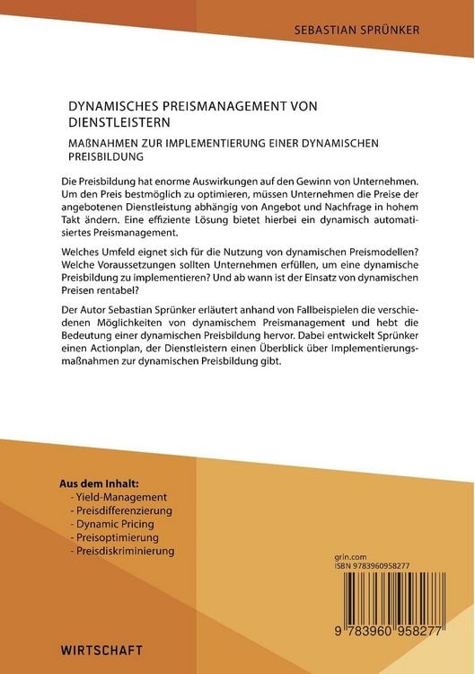 Produktbild: Dynamisches Preismanagement von Dienstleistern. Ma&szlig;nahmen zur Implementierung einer dynamischen Preisbildung