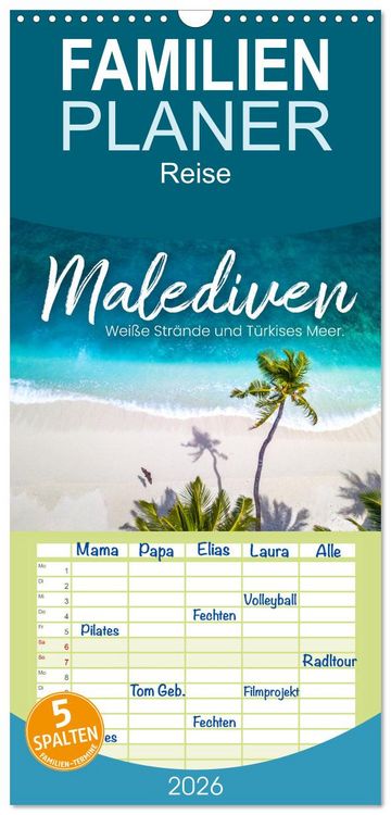 Produktbild: Familienplaner 2026 - Malediven - Wei&szlig;e Str&auml;nde und T&uuml;rkises Meer. mit 5 Spalten (Wandkalender, 21 x 45 cm) CALVENDO