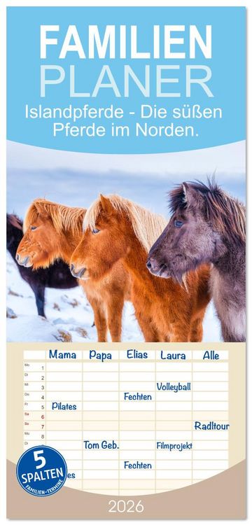 Produktbild: Familienplaner 2026 - Islandpferde - Die s&uuml;&szlig;en Pferde im Norden. mit 5 Spalten (Wandkalender, 21 x 45 cm) CALVENDO