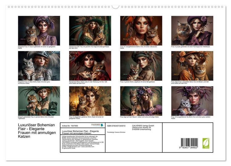 Produktbild: Luxuri&ouml;ser Bohemian Flair - Elegante Frauen mit anmutigen Katzen (hochwertiger Premium Wandkalender 2026 DIN A2 quer), Kunstdruck in Hochglanz