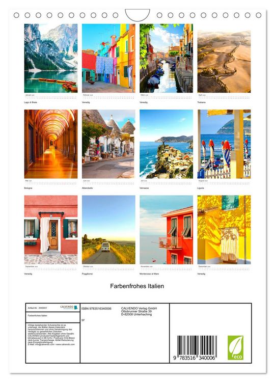 Produktbild: Farbenfrohes Italien (Wandkalender 2026 DIN A4 hoch), CALVENDO Monatskalender