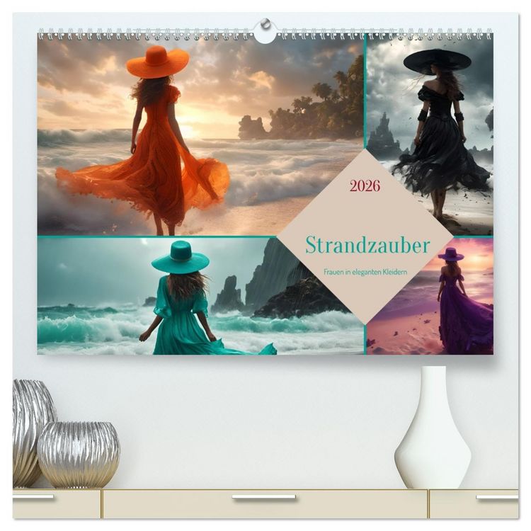 Produktbild: Strandzauber- Frauen in eleganten Kleidern (hochwertiger Premium Wandkalender 2026 DIN A2 quer), Kunstdruck in Hochglanz