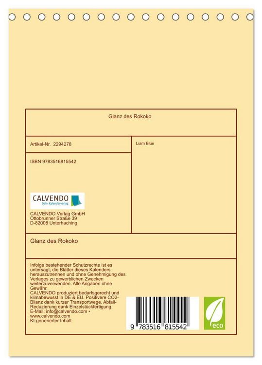Produktbild: Glanz des Rokoko (Tischkalender 2027 DIN A5 hoch), CALVENDO Monatskalender