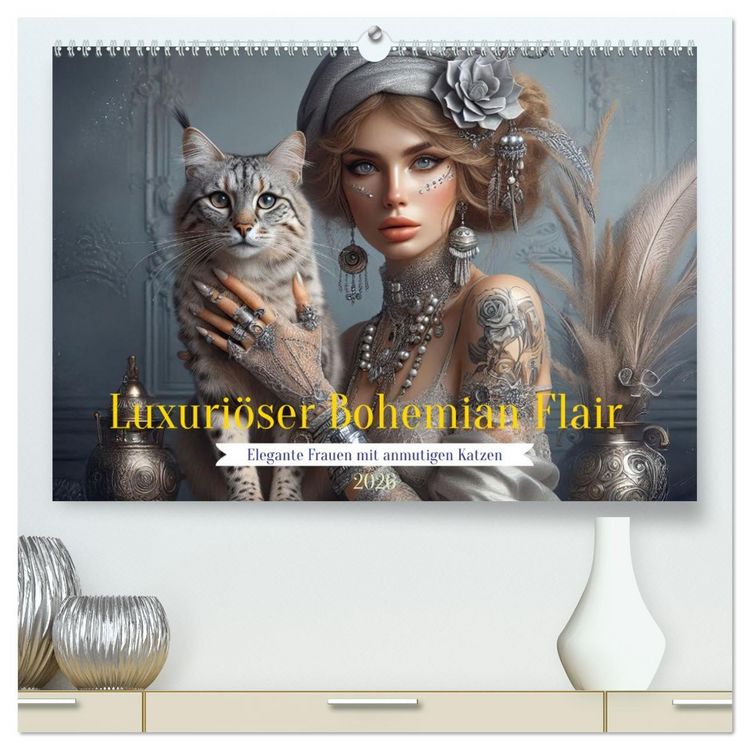 Produktbild: Luxuri&ouml;ser Bohemian Flair - Elegante Frauen mit anmutigen Katzen (hochwertiger Premium Wandkalender 2026 DIN A2 quer), Kunstdruck in Hochglanz