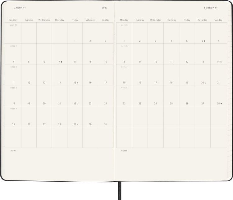Produktbild: Moleskine 18 Monate Wochenkalender 2026/2027, L/A5, 1 Wo = 2 Seiten, Horizontal, Fester Einband, Schwarz