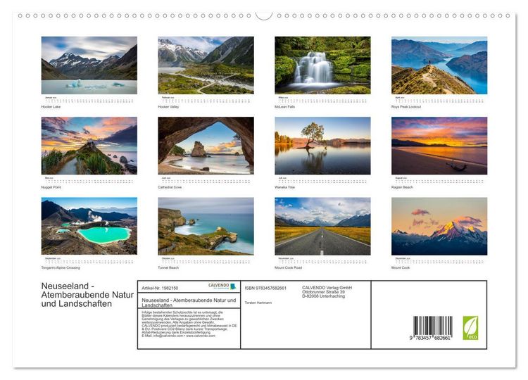 Produktbild: Neuseeland - Atemberaubende Natur und Landschaften (hochwertiger Premium Wandkalender 2026 DIN A2 quer), Kunstdruck in Hochglanz