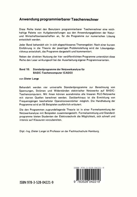 Produktbild: Standardprogramme der Netzwerkanalyse f&uuml;r BASIC-Taschencomputer (CASIO)