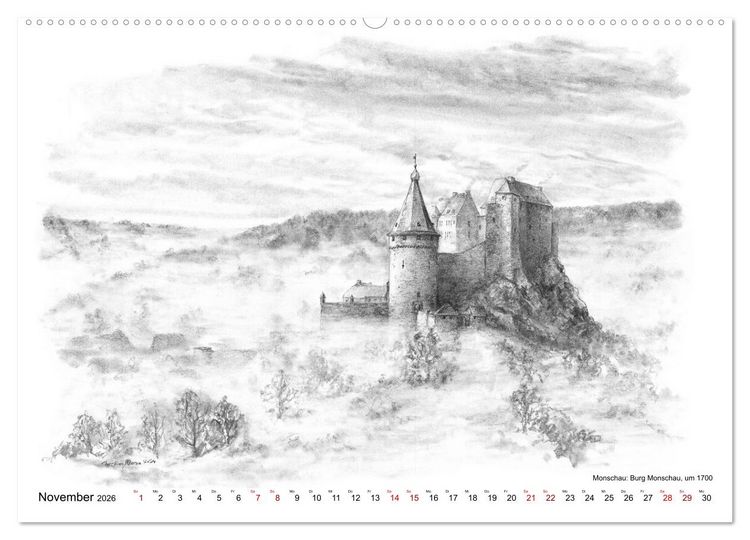 Produktbild: ZeitZeichnen: Burgen und Befestigungen in der Aachener Region (hochwertiger Premium Wandkalender 2026 DIN A2 quer), Kunstdruck in Hochglanz