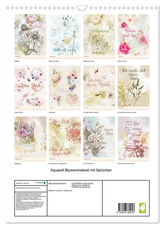 Produktbild: Aquarell Blumenmalerei mit Spr&uuml;chen (Wandkalender 2026 DIN A3 hoch), CALVENDO Monatskalender