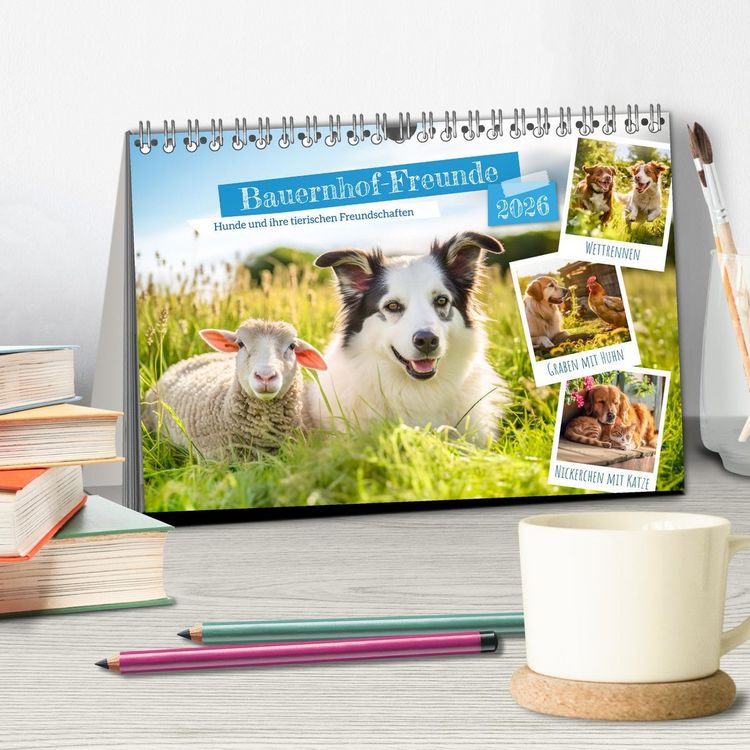 Produktbild: Bauernhof-Freunde - Hunde und ihre tierischen Freundschaften (Tischkalender 2026 DIN A5 quer), CALVENDO Monatskalender