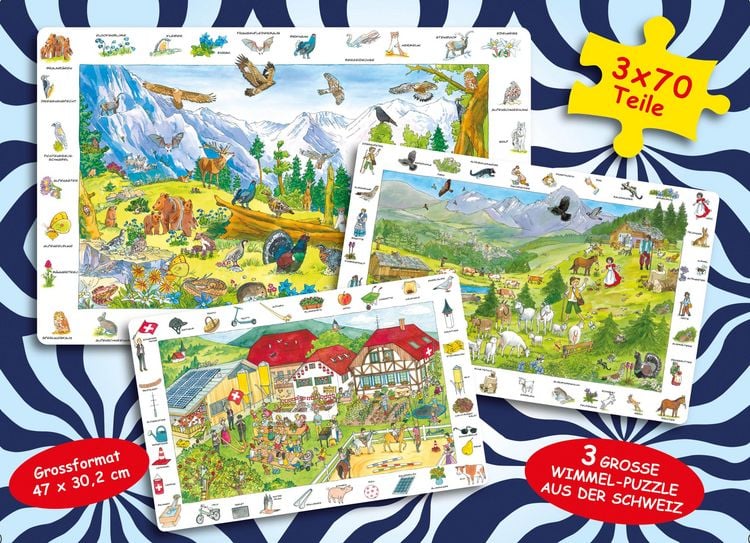 Produktbild: Puzzlebox Schweiz mit 3 Wimmelpuzzles