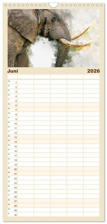 Produktbild: Familienplaner 2026 - Elefanten - k&uuml;nstlerische Impressionen der gr&ouml;&szlig;ten noch lebenden Landtiere mit 5 Spalten (Wandkalender, 21 x 45 cm) CALVENDO