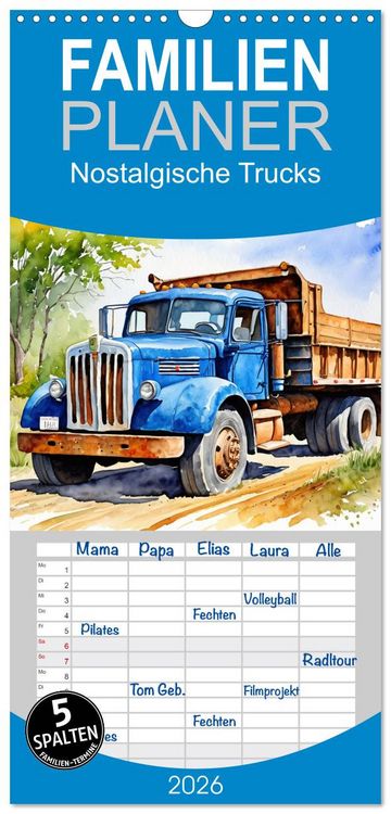 Produktbild: Familienplaner 2026 - Nostalgische Trucks mit 5 Spalten (Wandkalender, 21 x 45 cm) CALVENDO