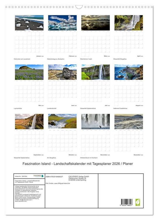 Produktbild: Faszination Island - Landschaftskalender mit Tagesplaner 2026 / Planer (Wandkalender 2026 DIN A2 hoch), CALVENDO Monatskalender