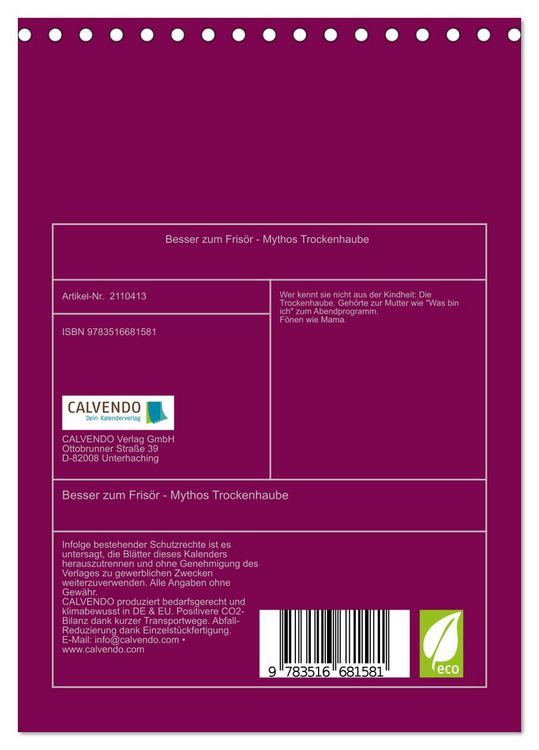 Produktbild: Besser zum Fris&ouml;r - Mythos Trockenhaube (Tischkalender 2026 DIN A5 hoch), CALVENDO Monatskalender