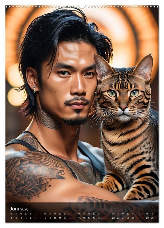 Produktbild: Verschmuste Kerle - Muskeln, Tattoos und Miezekatzen (hochwertiger Premium Wandkalender 2026 DIN A2 hoch), Kunstdruck in Hochglanz
