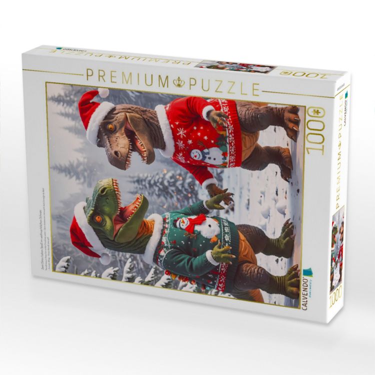 Produktbild: CALVENDO Puzzle Zwei Dinos haben Spa&szlig; im weihnachtlichen Schnee | 1000 Teile Lege-Gr&ouml;&szlig;e 64x48cm Foto-Puzzle f&uuml;r gl&uuml;ckliche Stunden