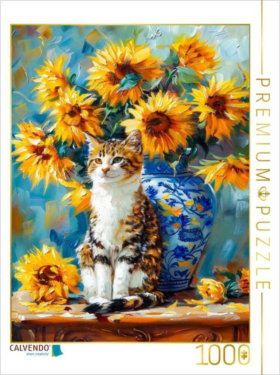 Produktbild: CALVENDO Puzzle Katze im Stillleben mit Sonnenblumen in Blumenvase im impressionistischen Stil | 1000 Teile Lege-Gr&ouml;&szlig;e 64x48cm Foto-Puzzle f&uuml;r gl&uuml;ckliche Stunden