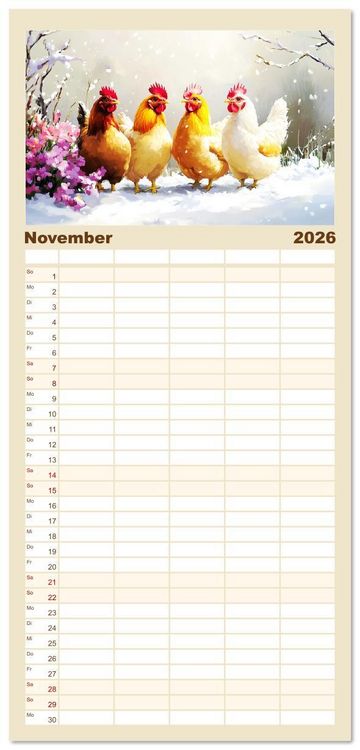 Produktbild: Familienplaner 2026 - Im Glanz der Federn. Sch&ouml;ne H&uuml;hner in malerischer Harmonie mit 5 Spalten (Wandkalender, 21 x 45 cm) CALVENDO