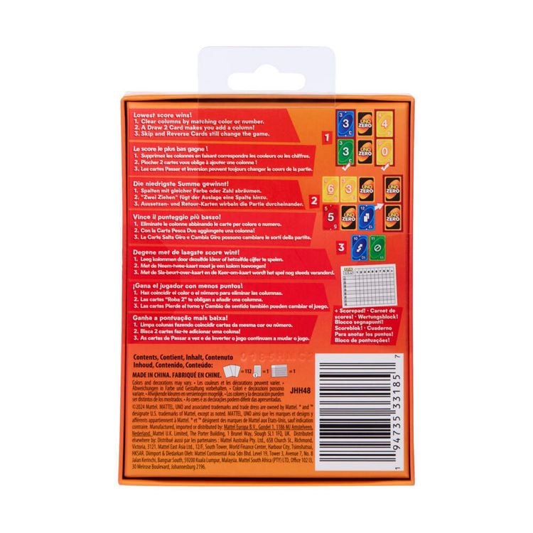 Produktbild: UNO Zero Kartenspiel für Kinder, Erwachsene und Familienabende, Partys und Reisen, enthält Kartenspiel und Punktekarte