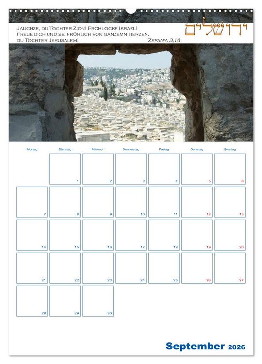Produktbild: Jerusalem Kalender mit Bibelworten und Planer! (Wandkalender 2026 DIN A2 hoch), CALVENDO Monatskalender