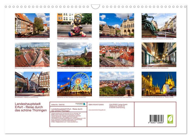 Produktbild: Landeshauptstadt Erfurt - Reise durch das sch&ouml;ne Th&uuml;ringen (Wandkalender 2026 DIN A3 quer), CALVENDO Monatskalender