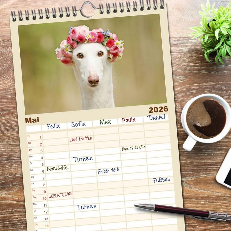 Produktbild: Familienplaner 2026 - Zauberhafte Windhunde mit 5 Spalten (Wandkalender, 21 x 45 cm) CALVENDO