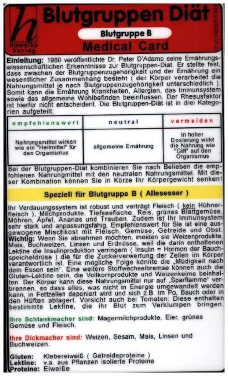 Produktbild: Blutgruppen - Di&auml;t B. Medical Card DIN A5